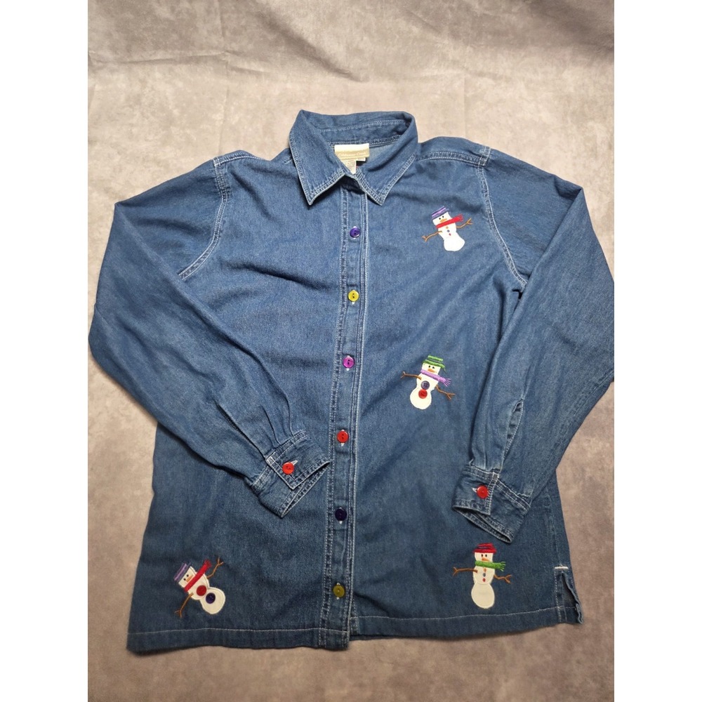 Coldwater Creek Blue Denim Collared Button Down Shirt Snowman Medium Cottagecore